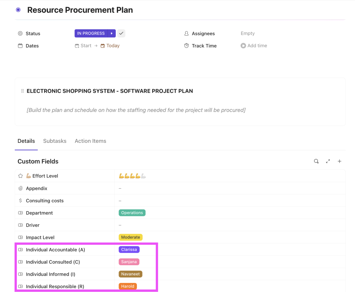 raci vs raid: Use Clickup Custom Fields to clarify roles and responsibilities for each task